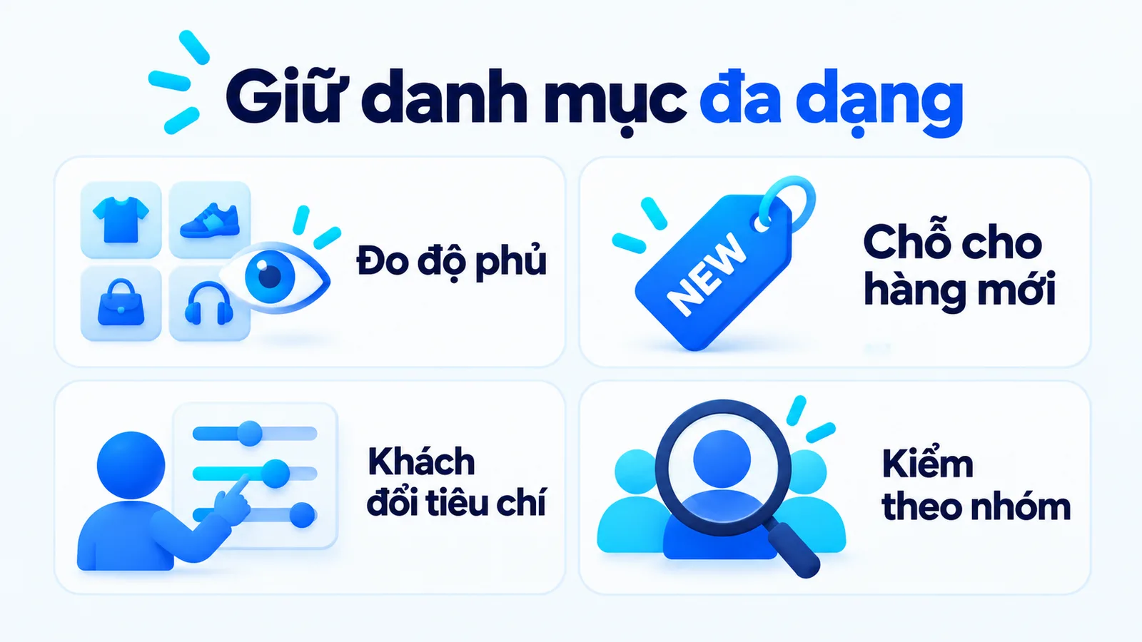 Giữ đa dạng bằng cách đo độ phủ, dành chỗ cho hàng mới, cho khách đổi tiêu chí và kiểm theo nhóm.