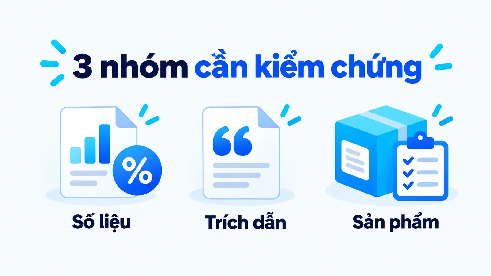 Ba nhóm cần kiểm chứng gồm số liệu, trích dẫn và thông tin sản phẩm.