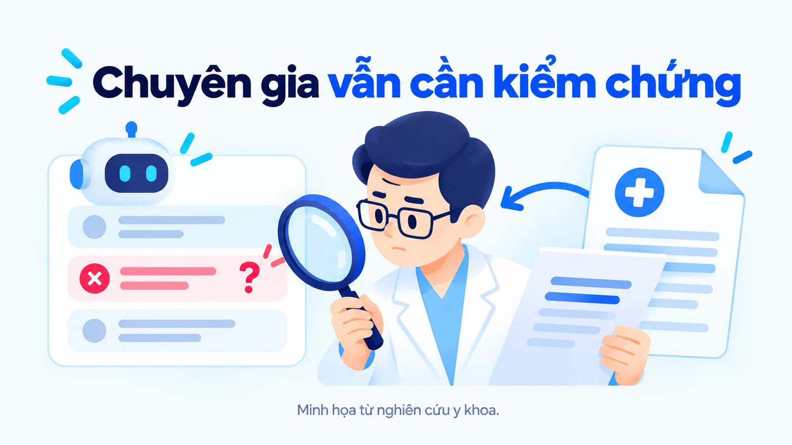 Chuyên gia vẫn cần đối chiếu căn cứ khi xem gợi ý AI; minh họa từ nghiên cứu trong bối cảnh y khoa.